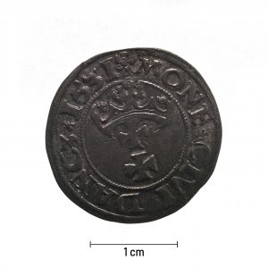 0084 zbiory numizmatyczne st. kadyiego; zygmunt i stary (1531); szeląg gdański- rewers