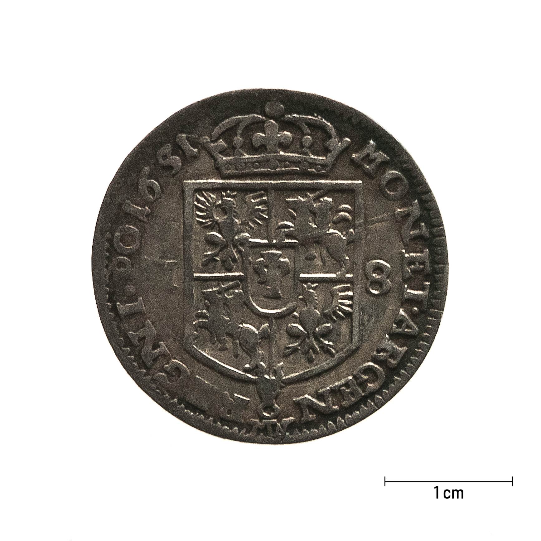 0518 zbiory numizmatyczne st. kadyiego; jan kazimierz (1651); ort koronny– rewers