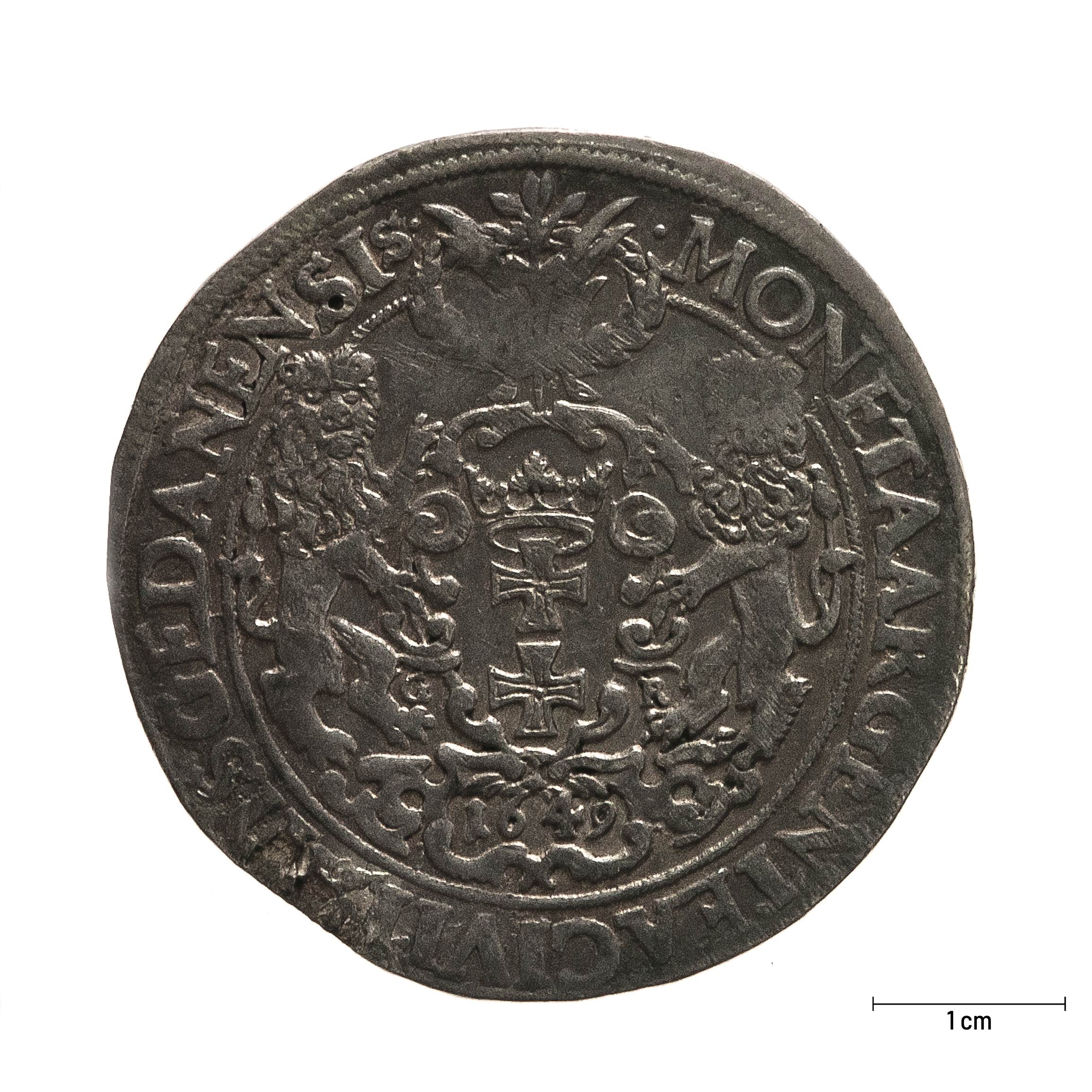 0572 zbiory numizmatyczne st. kadyiego; jan kazimierz (1649); talar gdański– rewers