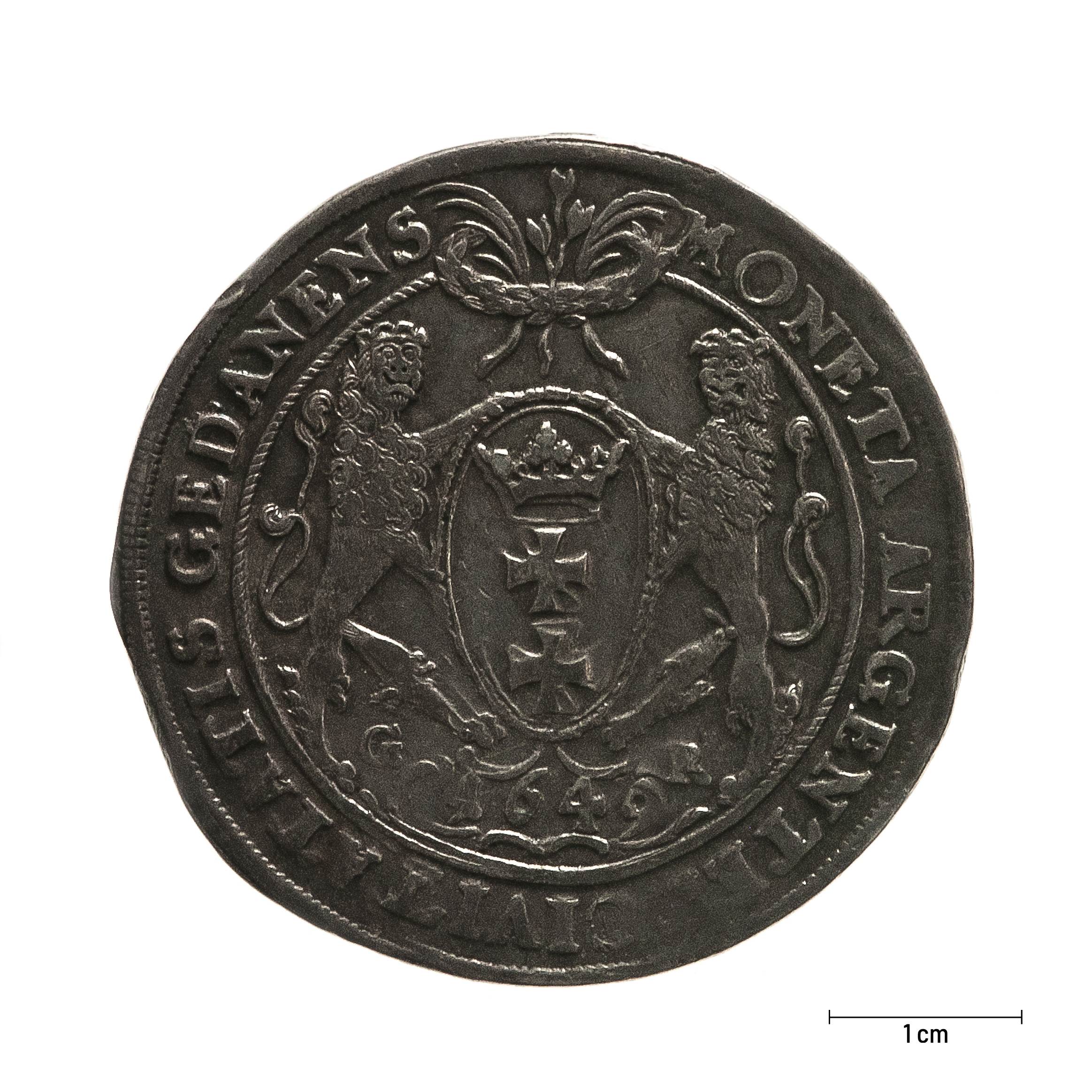 0573 zbiory numizmatyczne st. kadyiego; jan kazimierz (1649); talar gdański– rewers