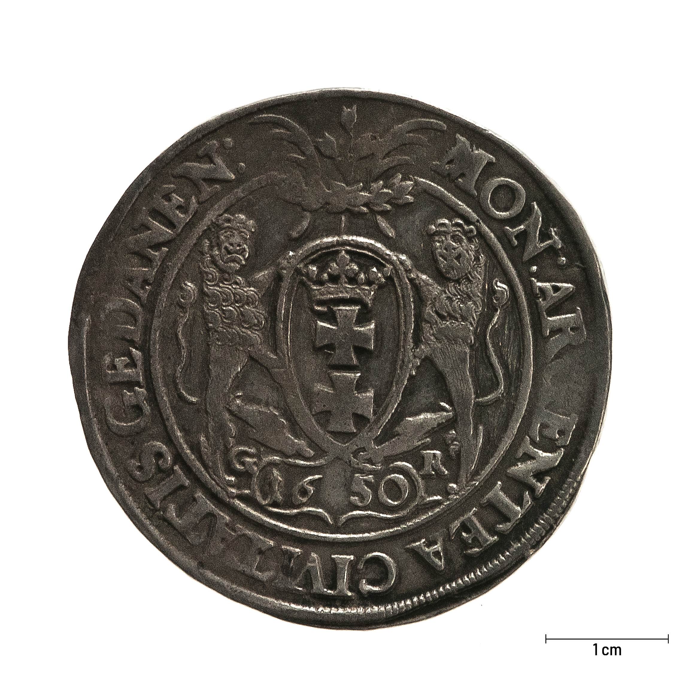 0574 zbiory numizmatyczne st. kadyiego; jan kazimierz (1650); talar gdański– rewers