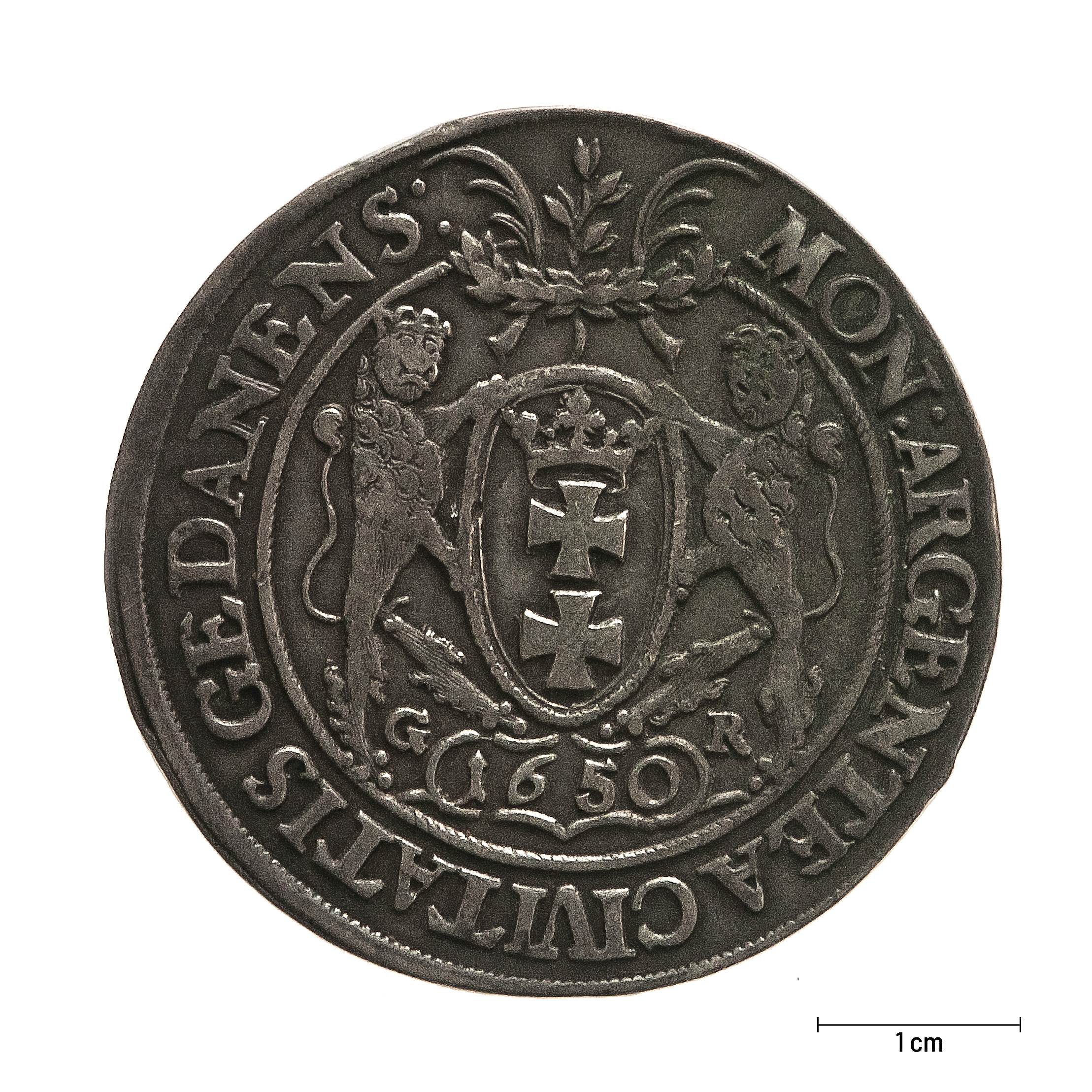 0576 zbiory numizmatyczne st. kadyiego; jan kazimierz (1650); talar gdański– rewers