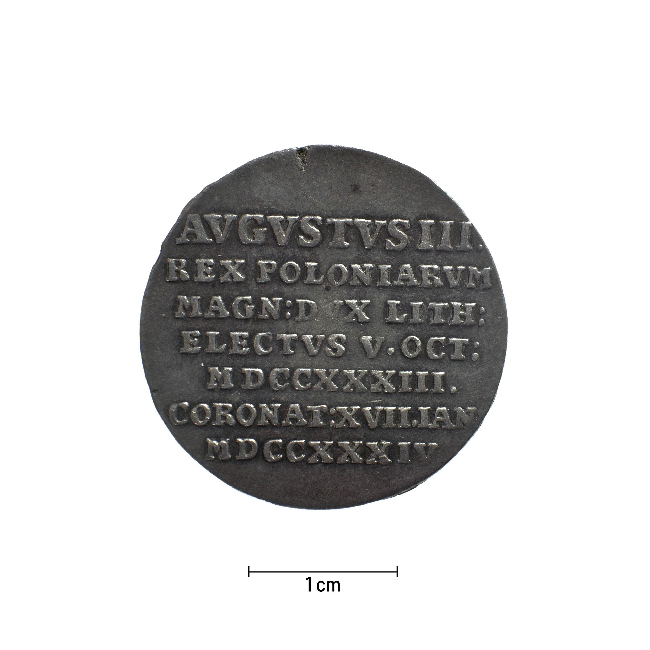 0659 zbiory numizmatyczne st. kadyiego; august iii sas (1734); medal koronacyjny - rewers
