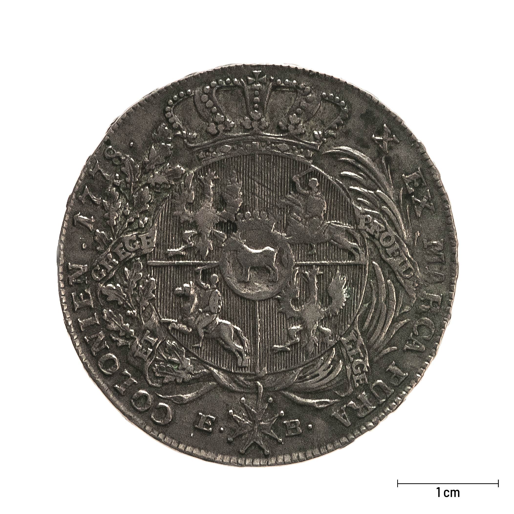 0737 zbiory numizmatyczne st. kadyiego; stanisław august (1778); talar – rewers