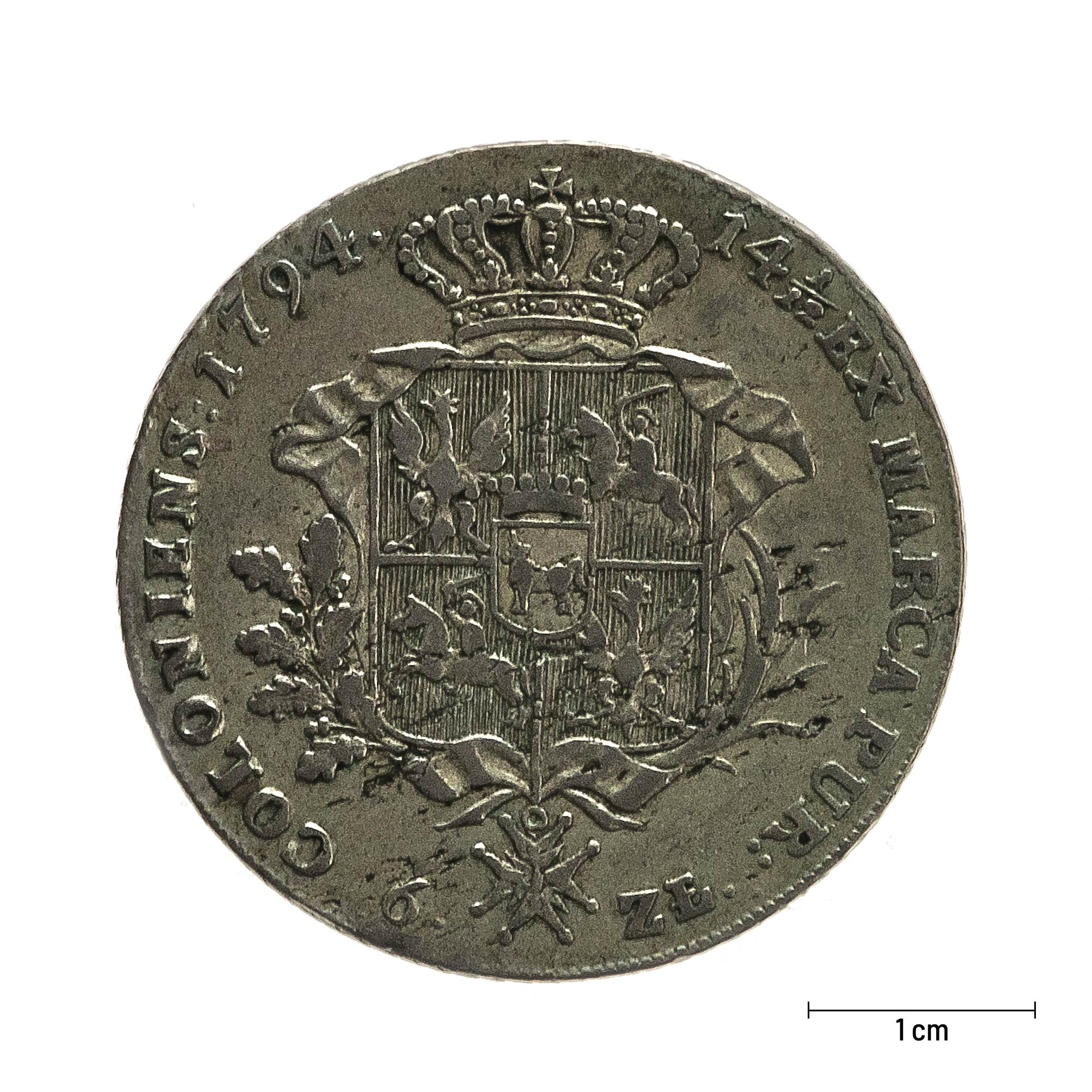 0739 zbiory numizmatyczne st. kadyiego; stanisław august (1794); talar 6 złotowy – rewers
