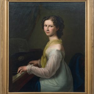 1067 ah portret „dama przy klawikordzie”, i poł. xix w., olej na płótnie 91x75 cm.