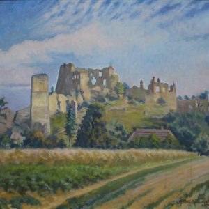 1068 ah, autor st witowski iskrzyniak, ruiny zamku w odrzykoniu, 1974, olej na płótnie, 61x75 cm