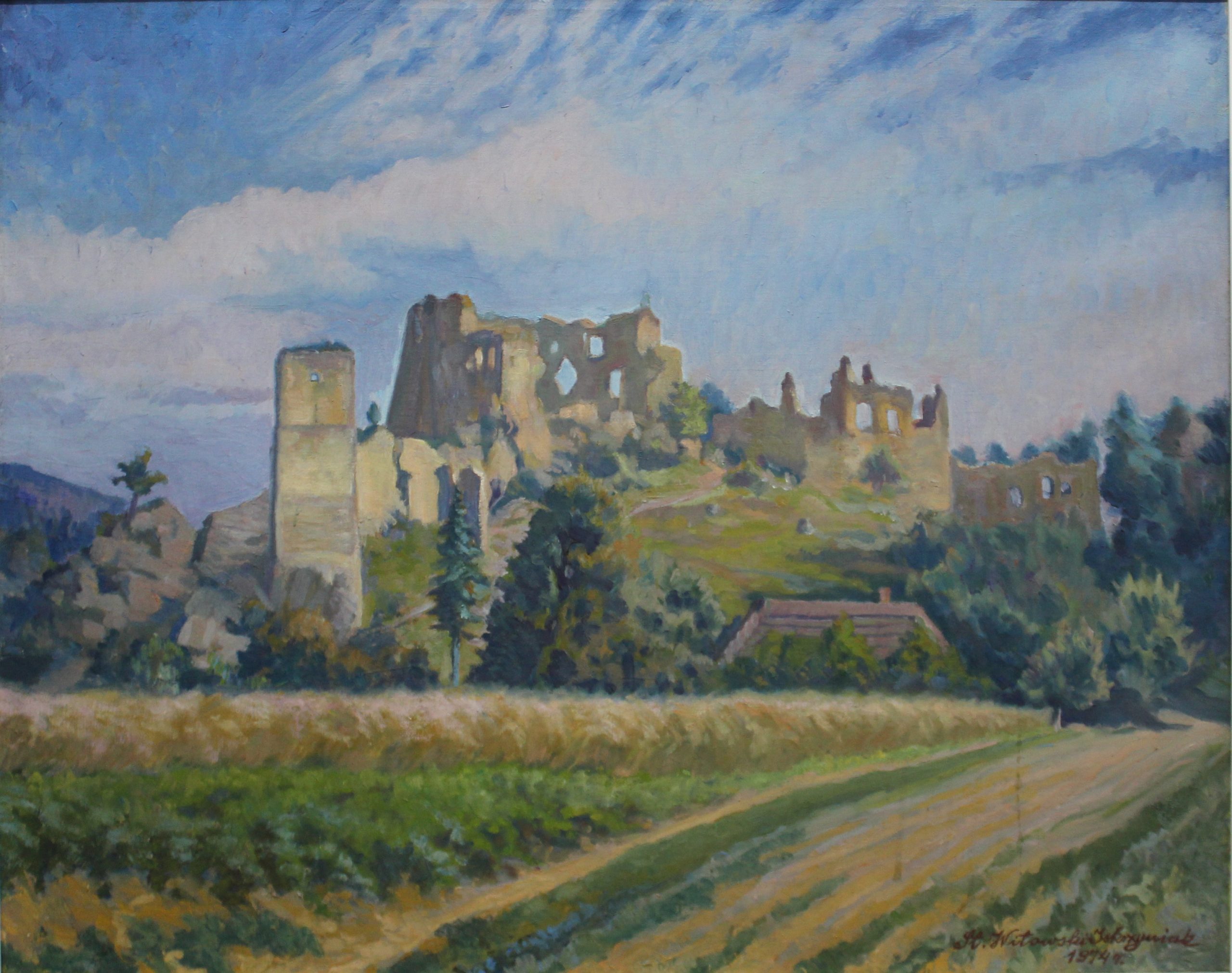 1068 ah, autor st witowski iskrzyniak, ruiny zamku w odrzykoniu, 1974, olej na płótnie, 61x75 cm