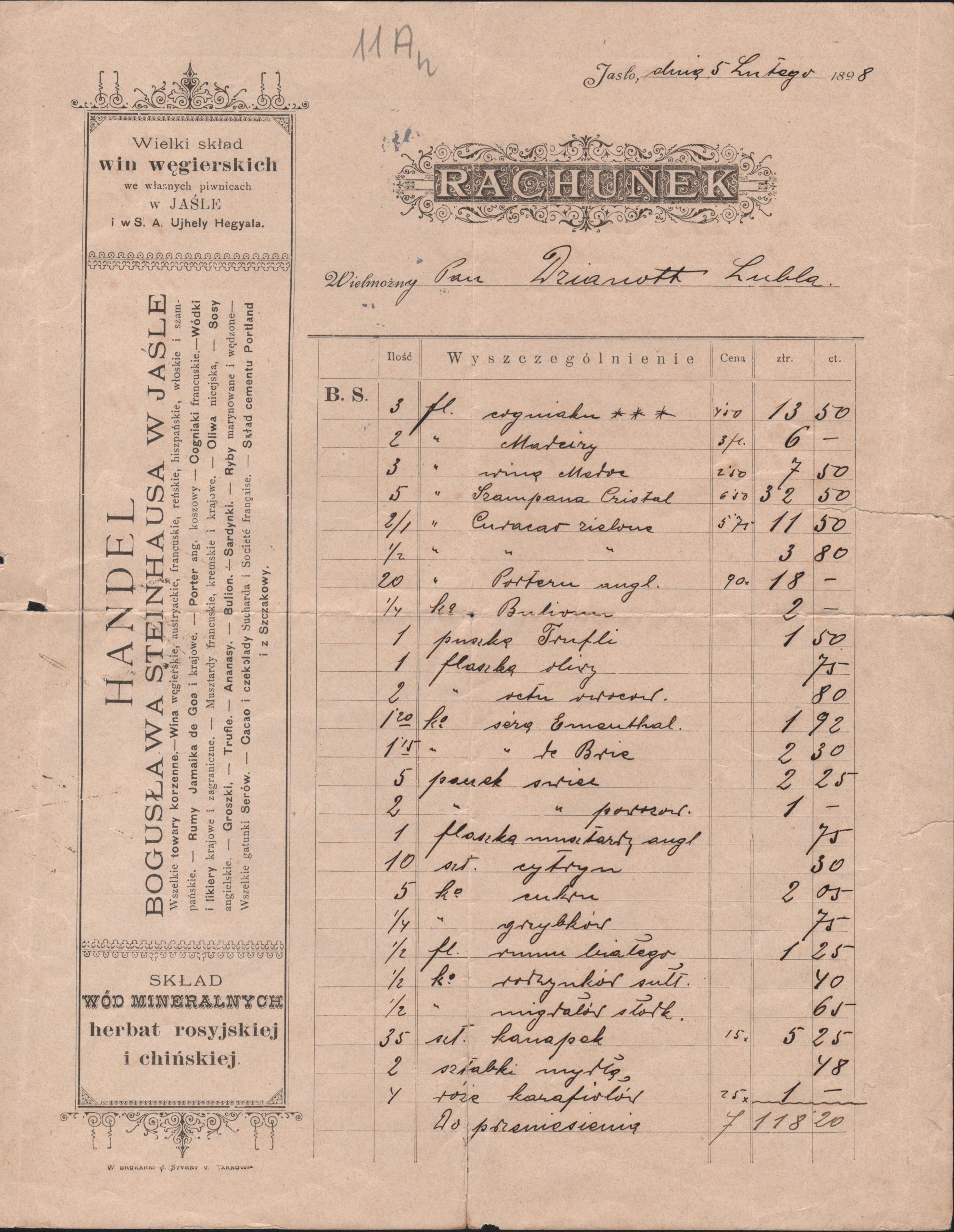 11 ahsid – rachunek z przedsiębiorstwa bogusława steinhausa, 1898 r.