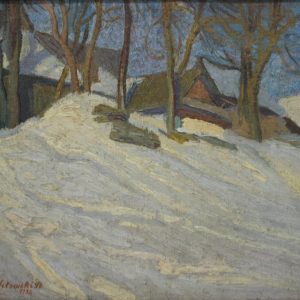 1151 ah, autor st witowski iskrzyniak, pejzaż zimowy z harendy, 1936, olej na płótnie, 24x27 cm