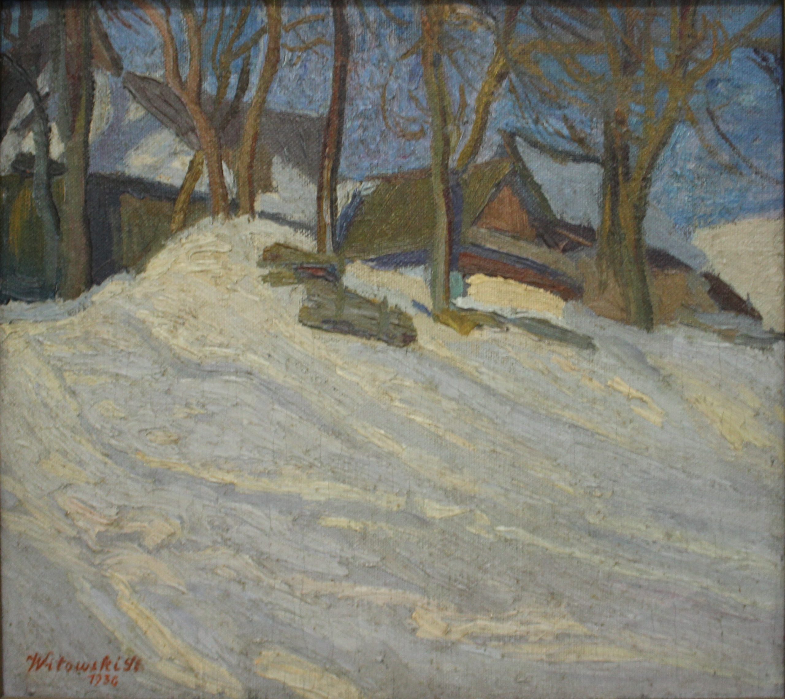 1151 ah, autor st witowski iskrzyniak, pejzaż zimowy z harendy, 1936, olej na płótnie, 24x27 cm