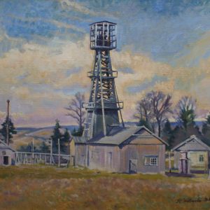 1172 ah, autor st. witowski iskrzyniak, kopalnia nafty w jaszczwi, 1980, olej na płótnie, 55x69,5 cm