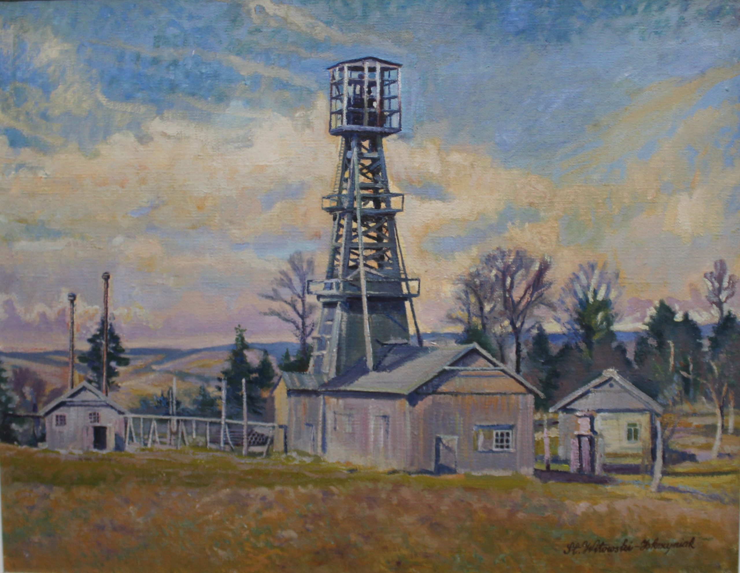 1172 ah, autor st. witowski iskrzyniak, kopalnia nafty w jaszczwi, 1980, olej na płótnie, 55x69,5 cm