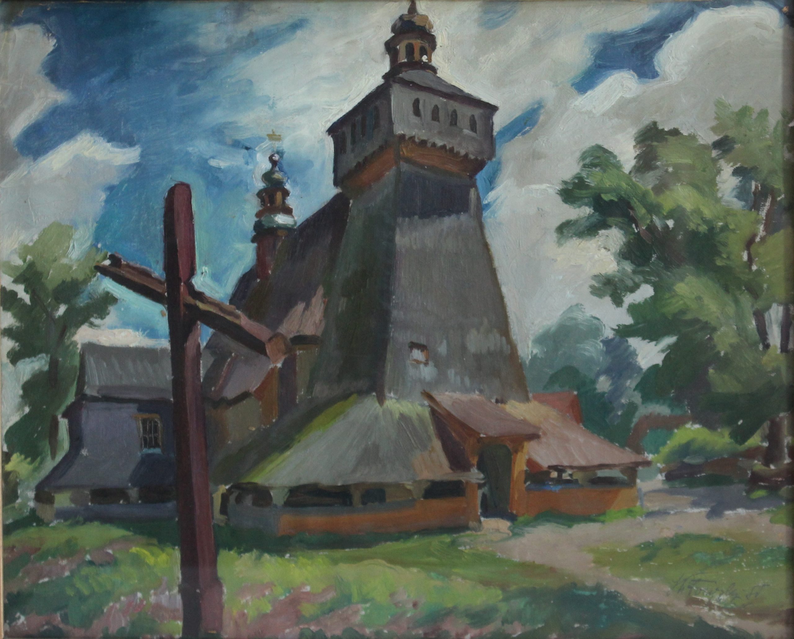 1309 ah, autor st. witowski iskrzyniak, kościół w haczowie, olej na płótnie, 36x42 cm