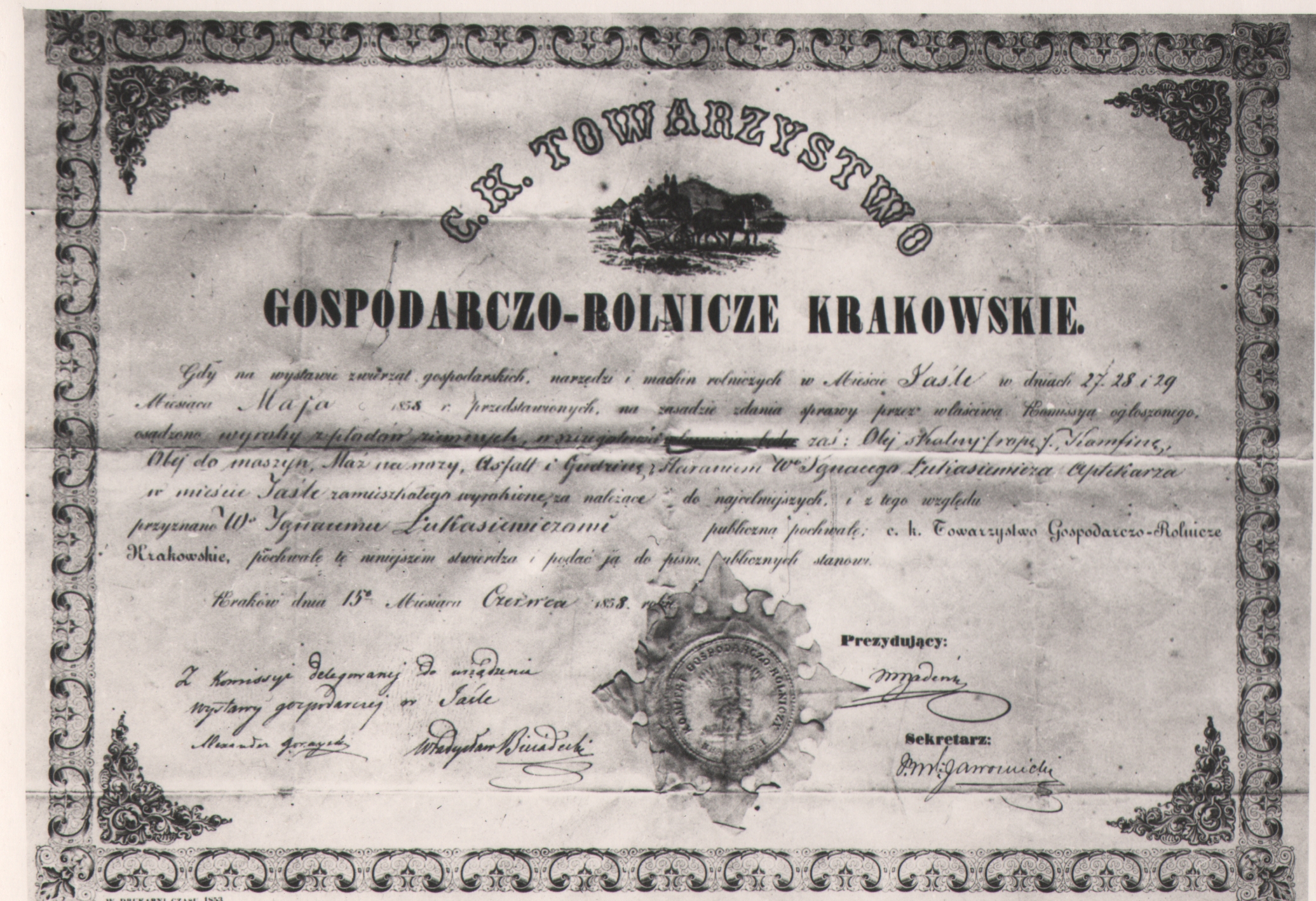 134 af jasło, fotokopia pochwały dla ignacego Łukasiewicza wydanej przez towarzystwo rolnicze w krakowie 1858 r.