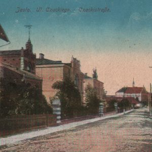 158 af jasło, ulica czackiego, pocztówka barwna bez , pocz. xx w.