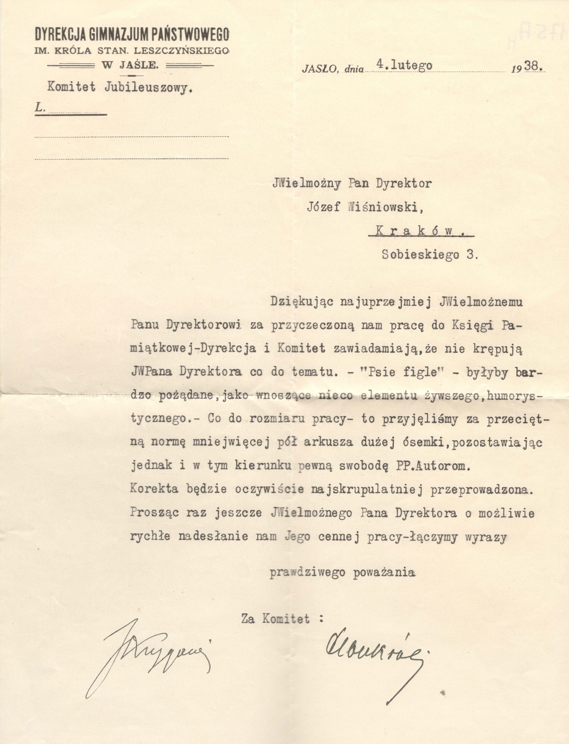 175 ahsid – pismo dyrekcji gimnazjum państwowego im. króla stanisława leszczyńskiego do józefa wiśniowskiego, 1938 r.
