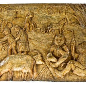 1836 etnografia - kopanie ziemniaków, płaskorzeźba wykonana w drewnie lipowym, autorstwa józefa krupy z blażkowej, 1980 r., 39,5 cm, szer. 27 cm