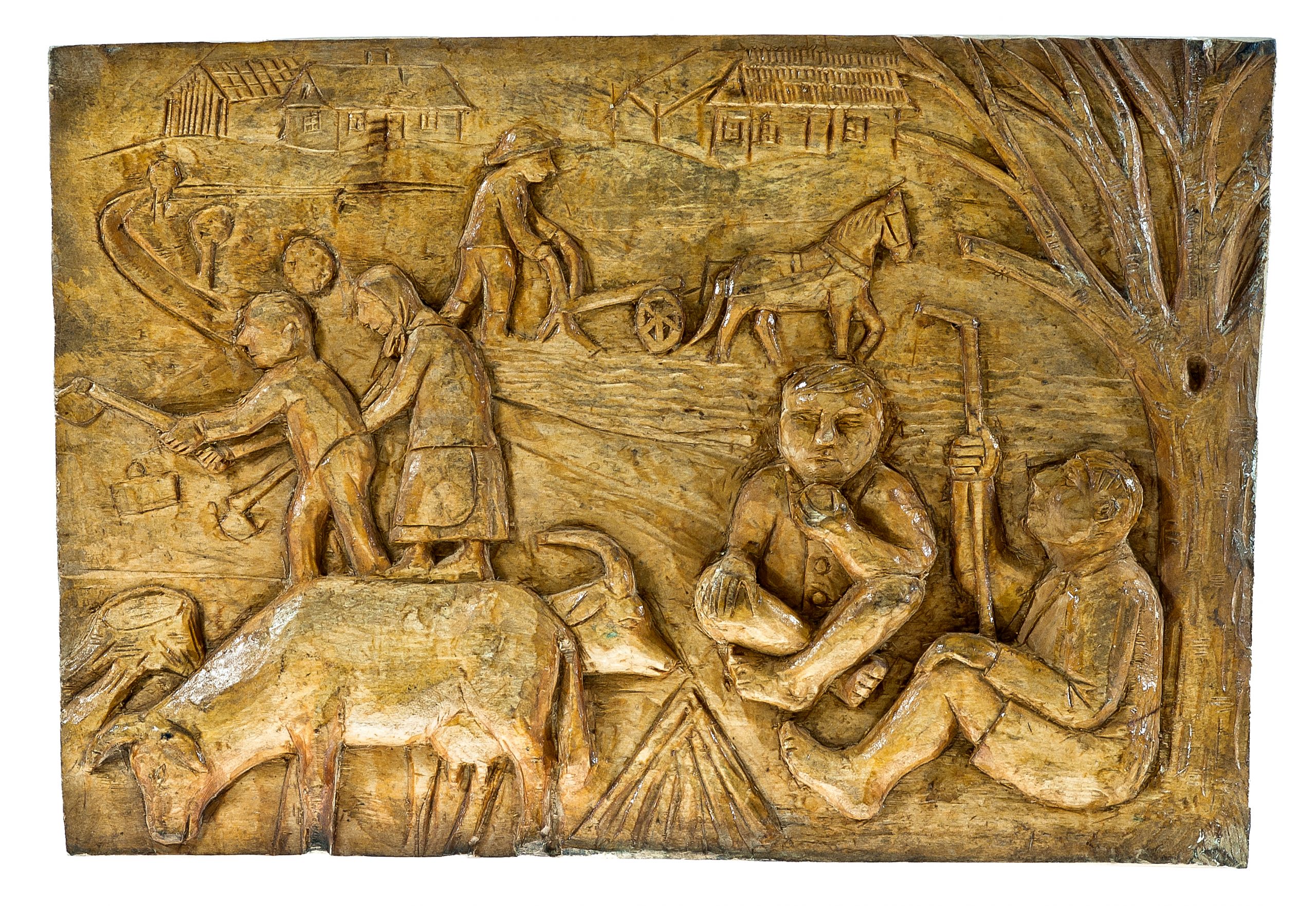 1836 etnografia - kopanie ziemniaków, płaskorzeźba wykonana w drewnie lipowym, autorstwa józefa krupy z blażkowej, 1980 r., 39,5 cm, szer. 27 cm
