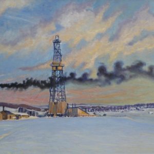 1995 ah, autor st. witowski iskrzyniak, pejzaż z okolic jasła z szybami wiertniczymi, olej na płótnie, 72x111 cm