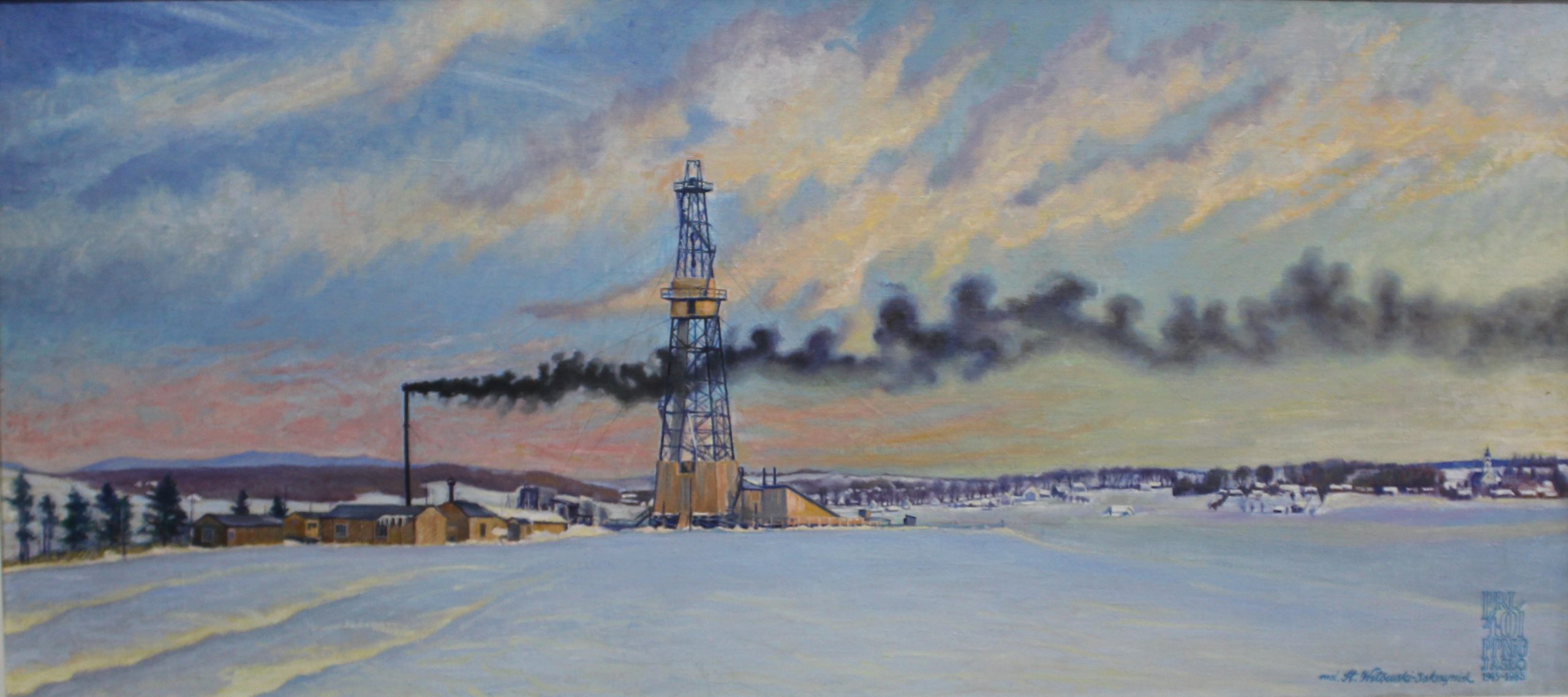 1995 ah, autor st. witowski iskrzyniak, pejzaż z okolic jasła z szybami wiertniczymi, olej na płótnie, 72x111 cm