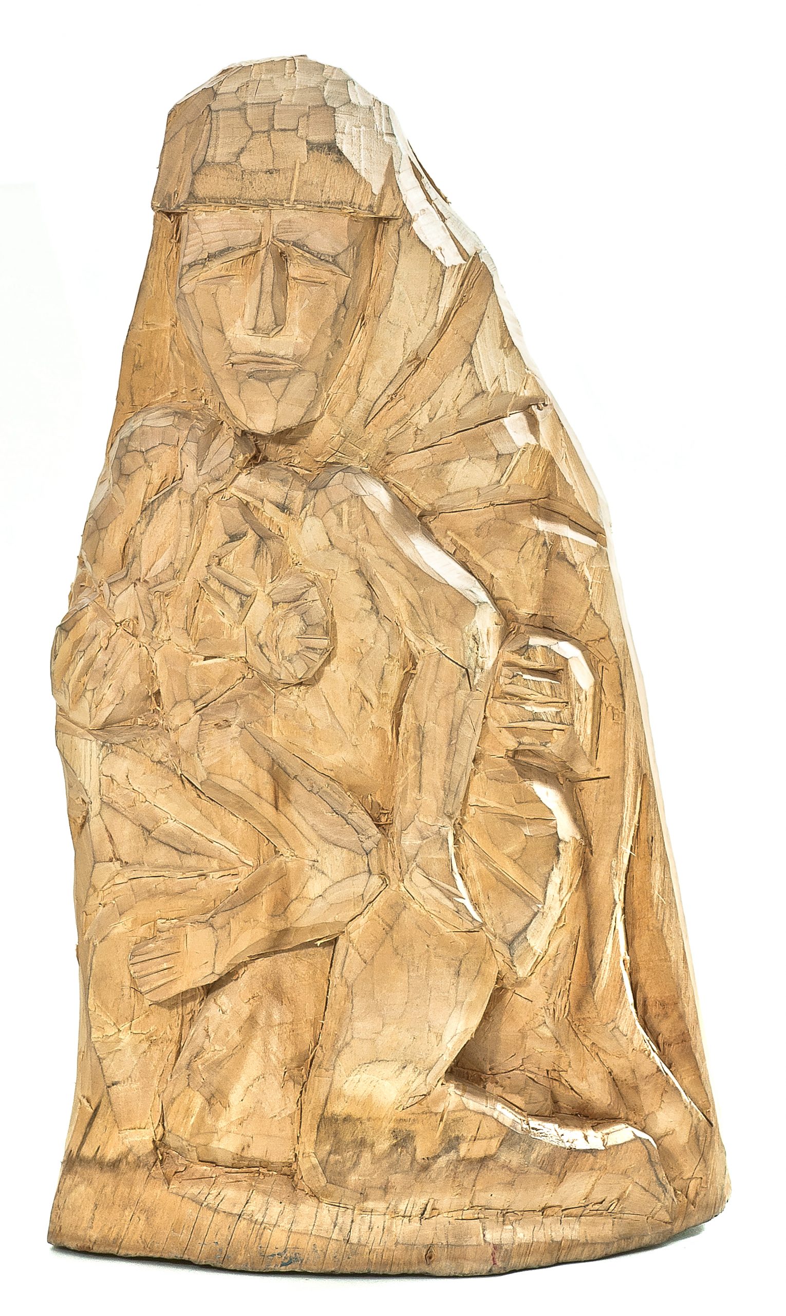 2083 etnografia - pieta - rzeźba w drewnie, jan stasiowski, brzeziny, lata 80 - te, wys. 38 cm, szer. 21,8 cm, gł. 13 cm