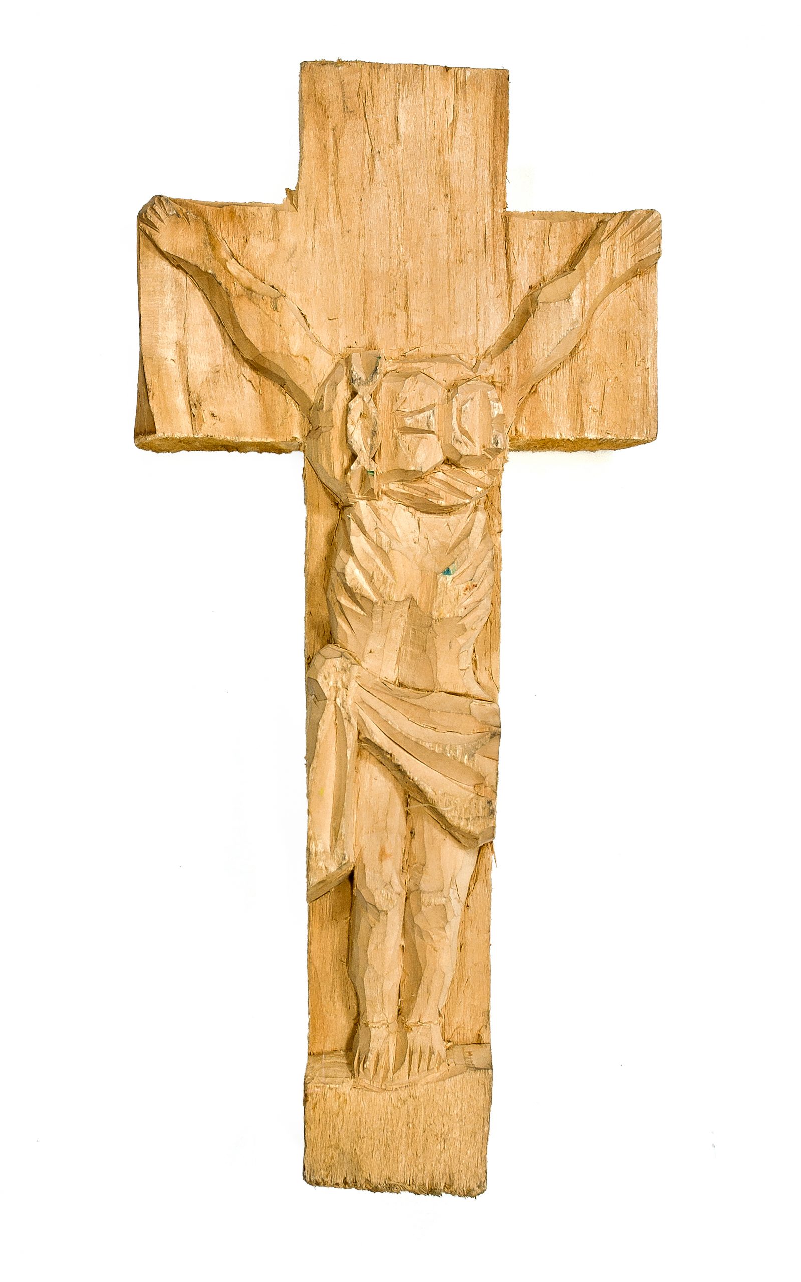 2084 etnografia - chrystus na krzyżu, płaskorzeźba w drewnie, autorstwa jana stasiowskiego z brzezin w latach 80 -tych, wys. 43 cm, szer. 20,5 cm, gł. 5,2 cm