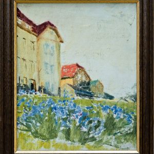 2114 ah autor ignacy pinkas, budynki sanatoryjne w bystrej na Śląsku, 1931, olej dykta, 22x27 cm