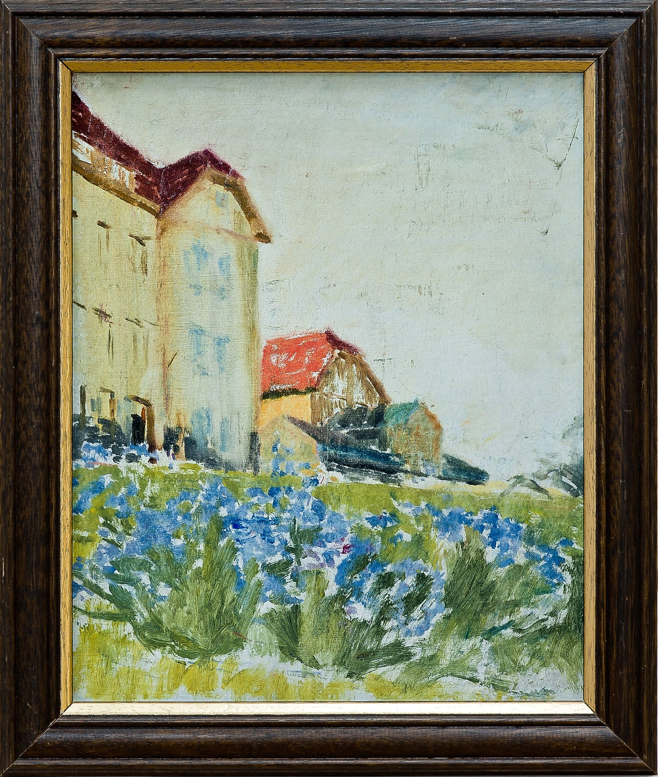 2114 ah autor ignacy pinkas, budynki sanatoryjne w bystrej na Śląsku, 1931, olej dykta, 22x27 cm
