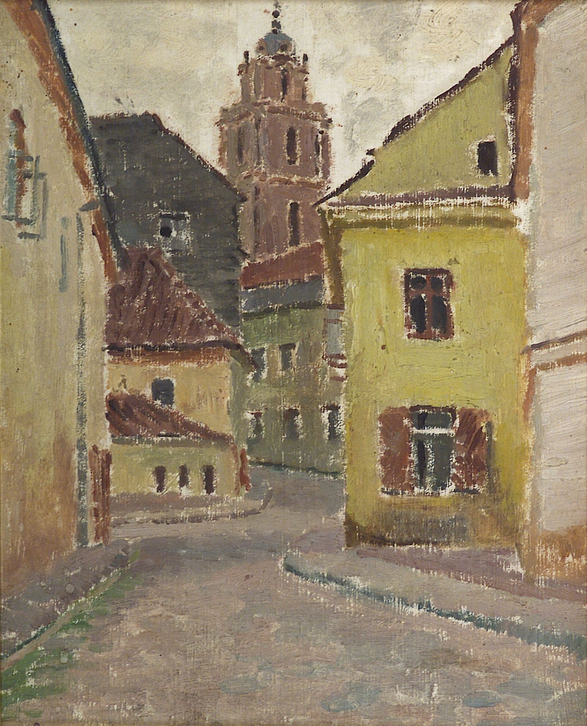 2116 ah autor ignacy pinkas, uliczka wilno, 1928, olej dykta, 27x22 cm.