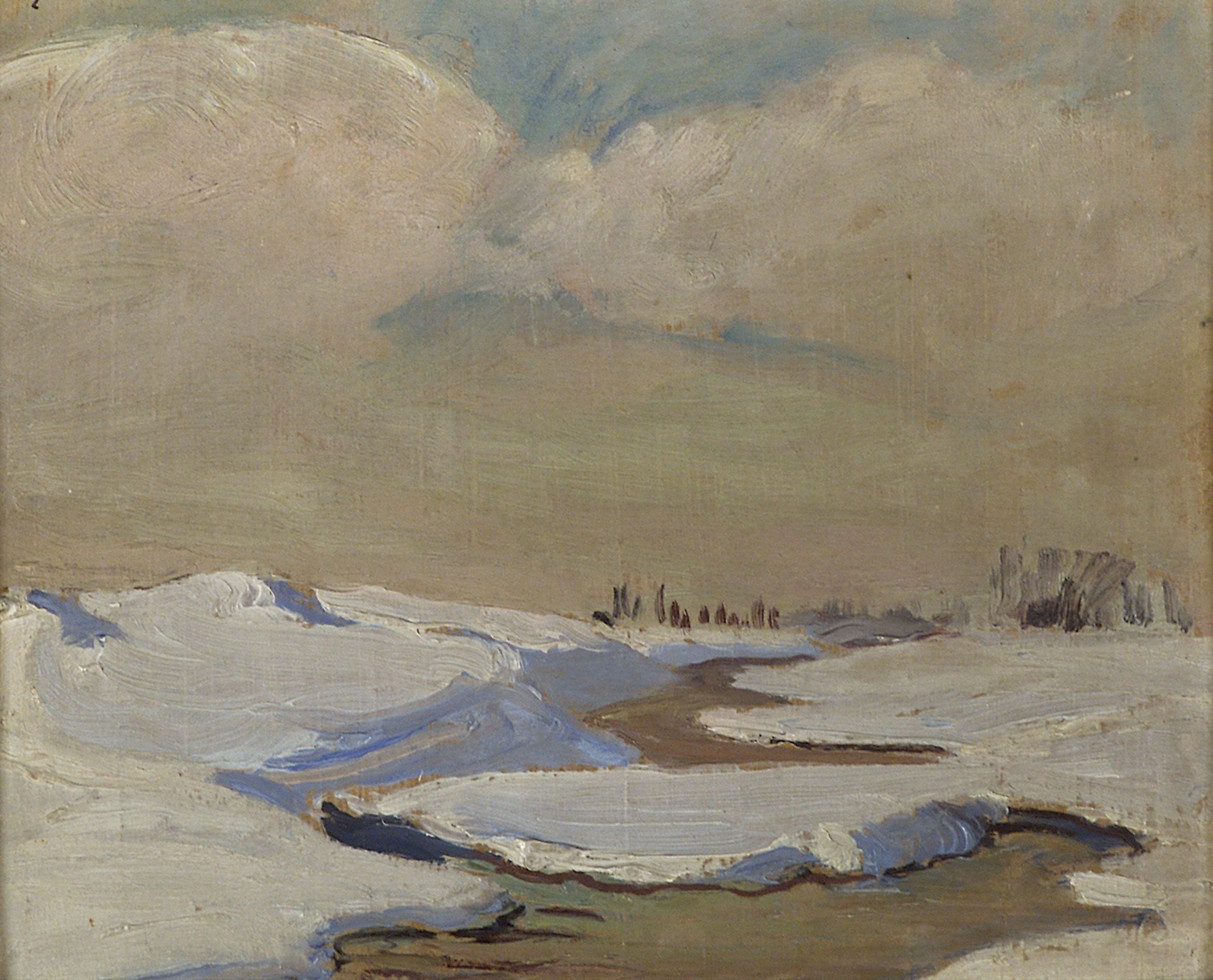 2131 ah autor ignacy pinkas, zima pod dyneburgiem, 1919, olej dykta, 22 x 27 cm.