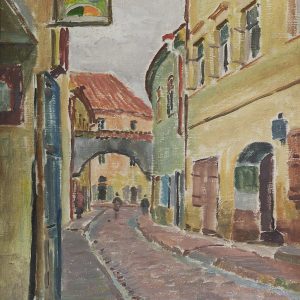 2134 ah autor ignacy pinkas, ulica w wilnie, 1928, olej dykta, 27x22 cm.