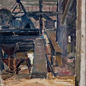 2141 ah autor ignacy pinkas, hala produkcyjna w mościcach, 1929-30, olej dykta, 27x22 cm.