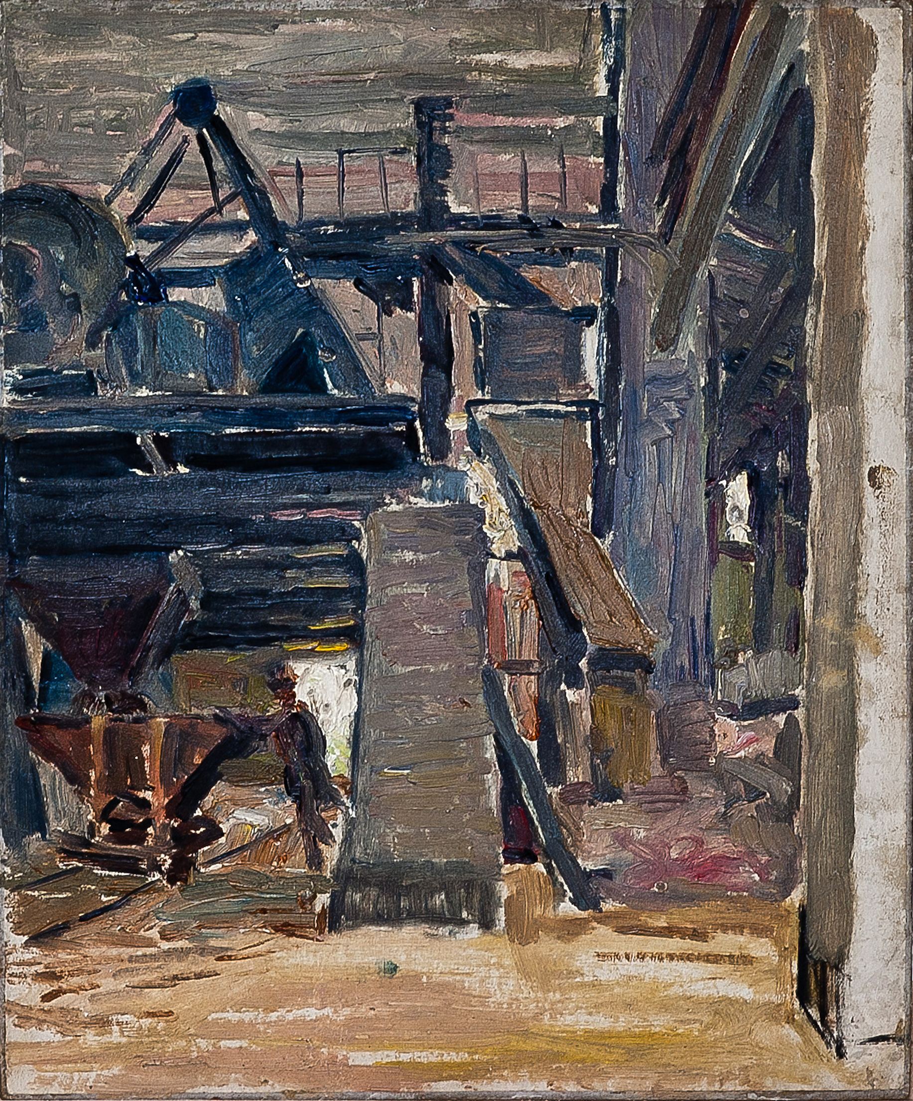 2141 ah autor ignacy pinkas, hala produkcyjna w mościcach, 1929-30, olej dykta, 27x22 cm.