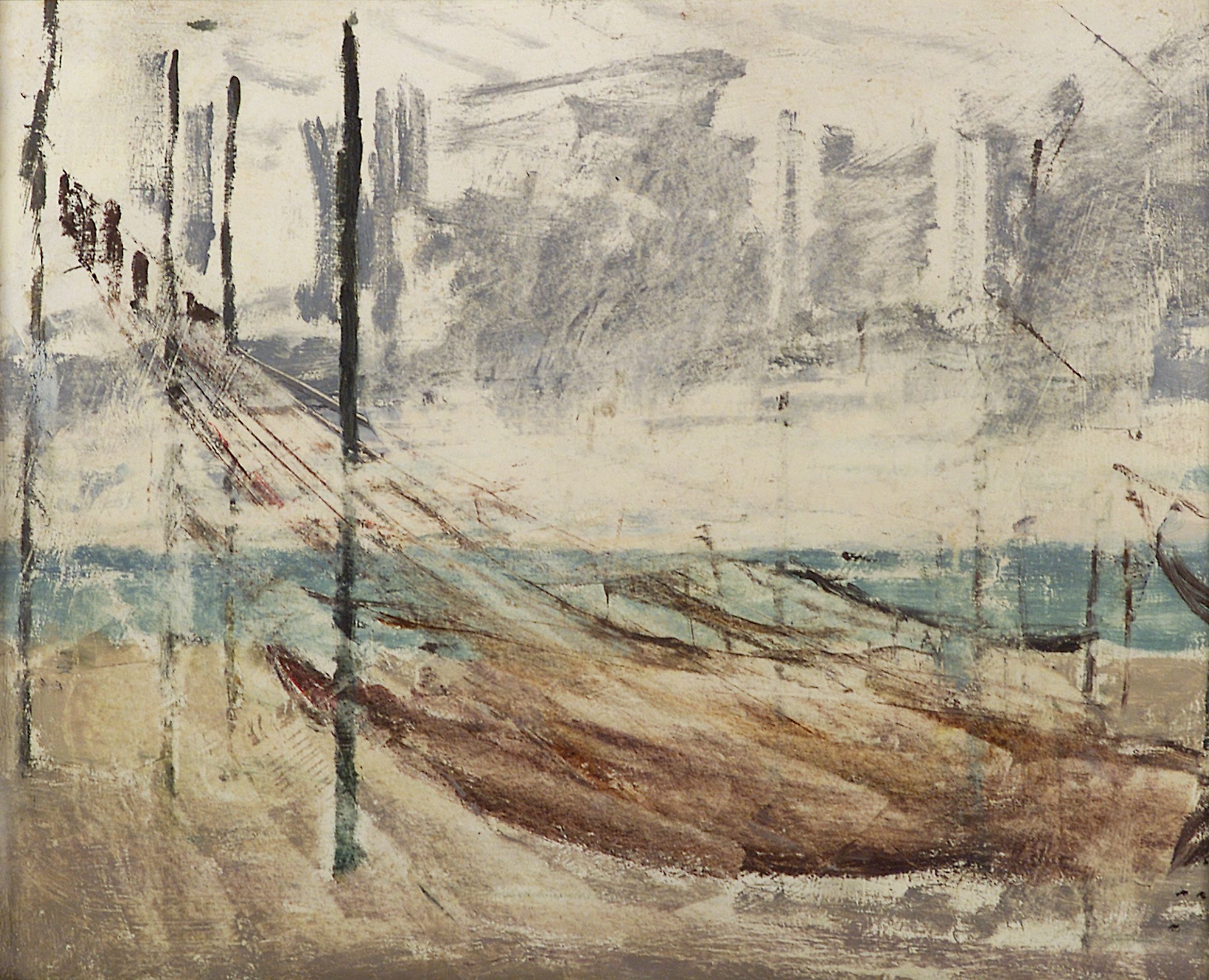 2144 ah autor ignacy pinkas, suszące się sieci, 1933, olej dykta, 22x27 cm.