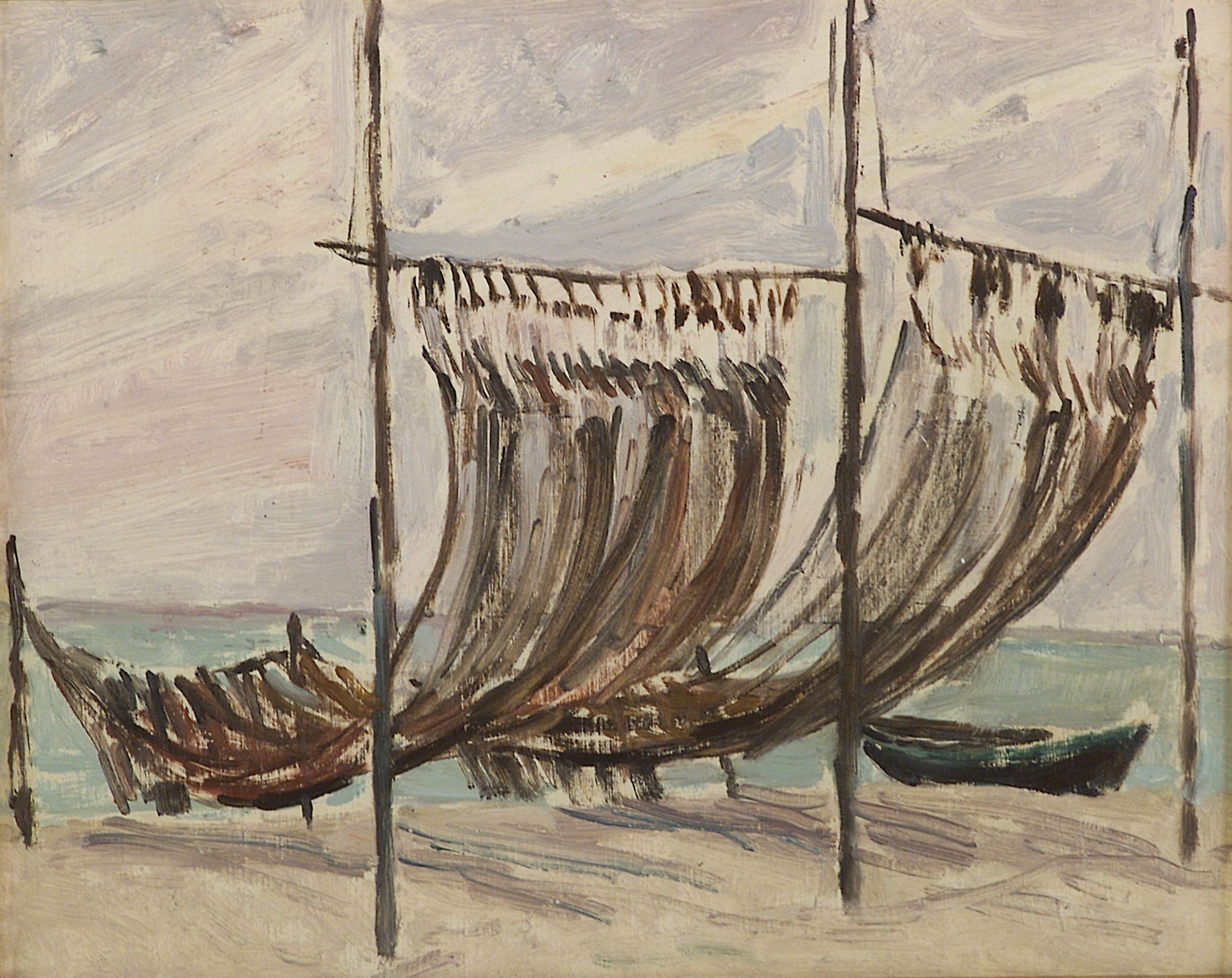 2145 ah autor ignacy pinkas, suszące się sieci, 1933, olej dykta, 22x27 cm.