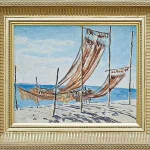 2146 ah autor ignacy pinkas, suszące się w słońcu sieci, 1933, olej dykta, 22x27 cm.