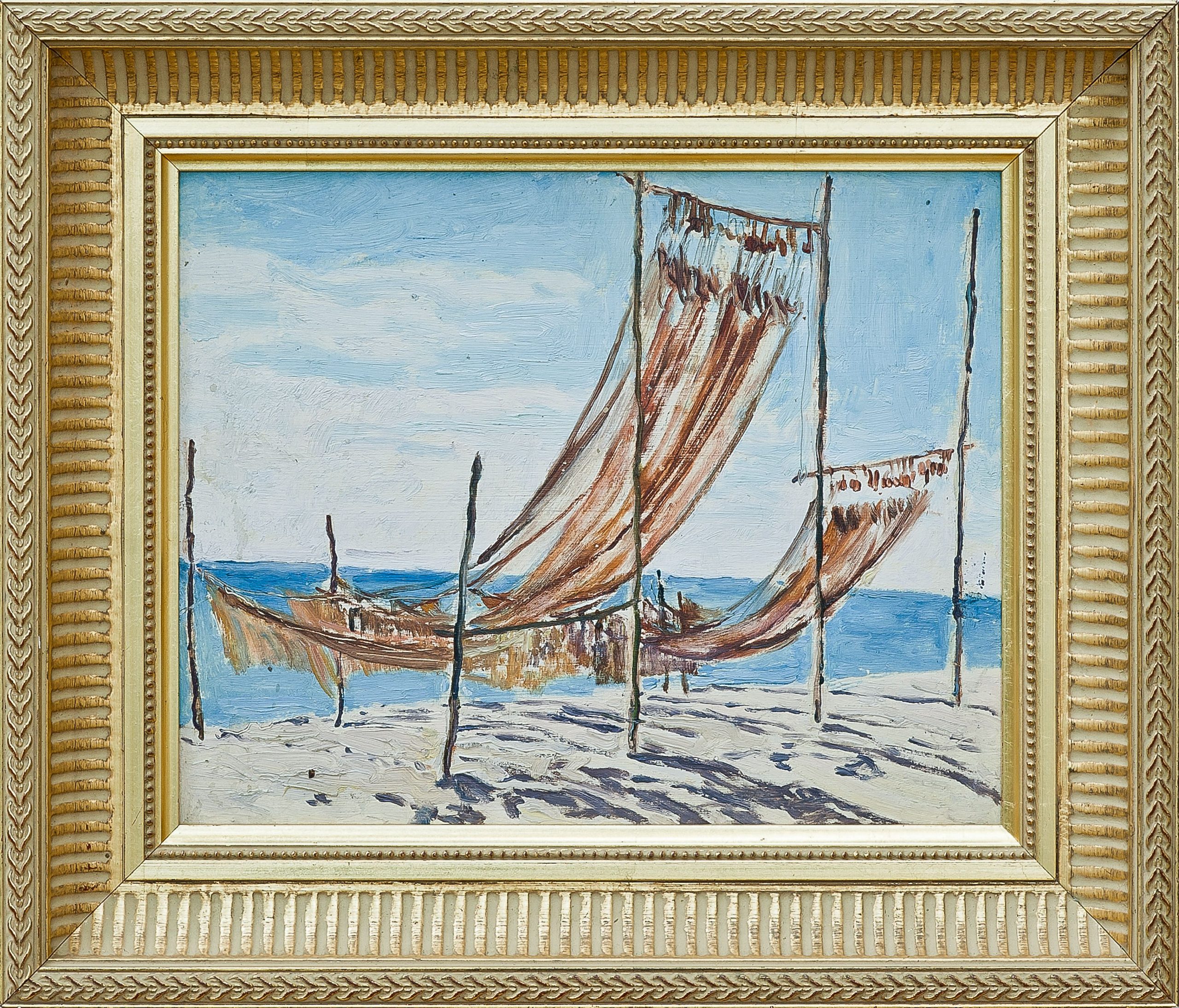 2146 ah autor ignacy pinkas, suszące się w słońcu sieci, 1933, olej dykta, 22x27 cm.