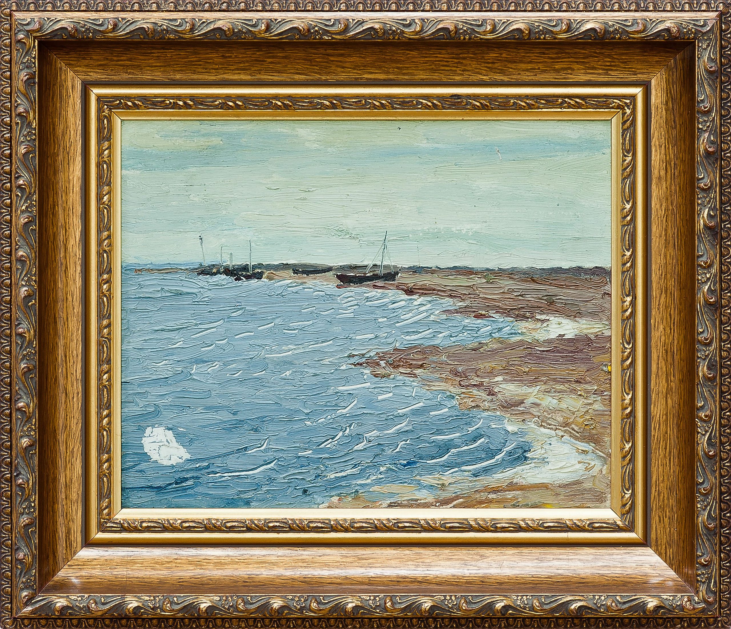 2149 ah autor ignacy pinkas, brzeg morski z łodziami, 1933, olej dykta, 22x27 cm.