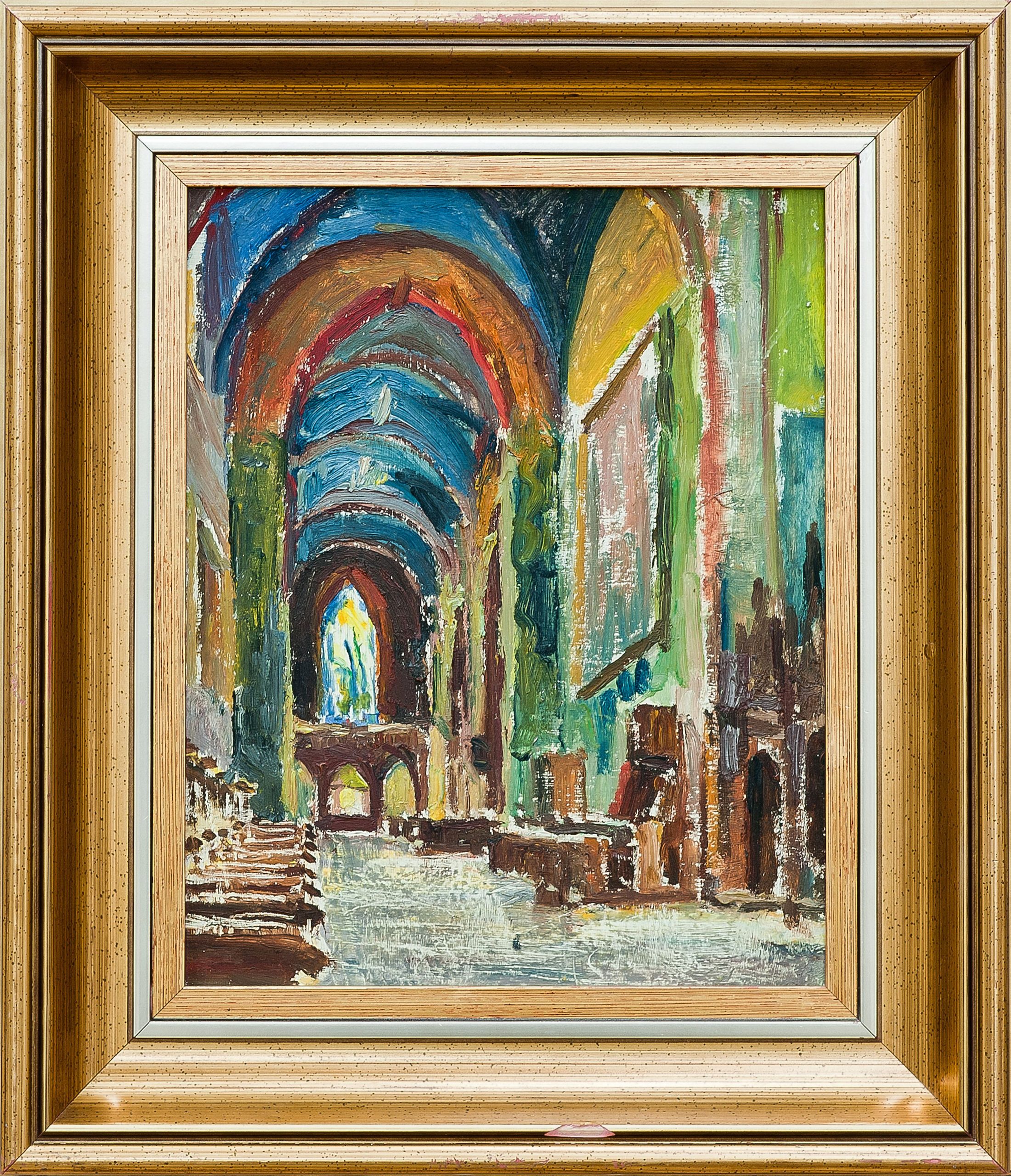 2152 ah autor ignacy pinkas, kościół franciszkanów w krakowie nawa boczna, lata 30-te, olej dykta, 27x22 cm.