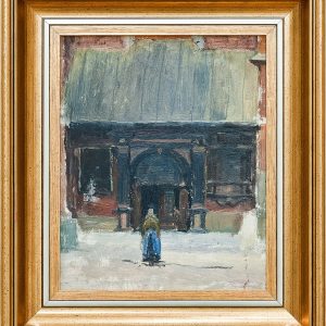 2153 ah autor ignacy pinkas, wejście boczne kościoła mariackiego w krakowie, 1934, olej dykta, 27x22, fot. msz