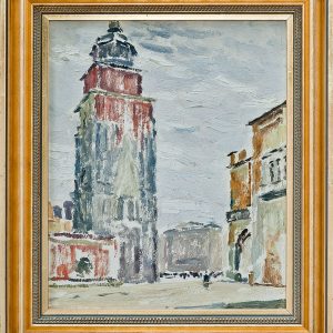2157 ah autor ignacy pinkas, szkic wieży ratuszowej w krakowie, 1934, olej dykta, 27x22, fot. msz