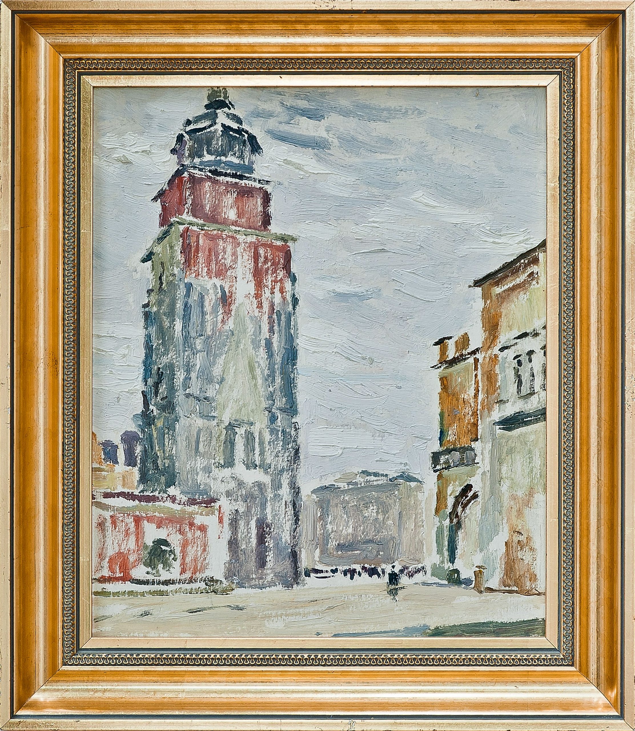 2157 ah autor ignacy pinkas, szkic wieży ratuszowej w krakowie, 1934, olej dykta, 27x22, fot. msz