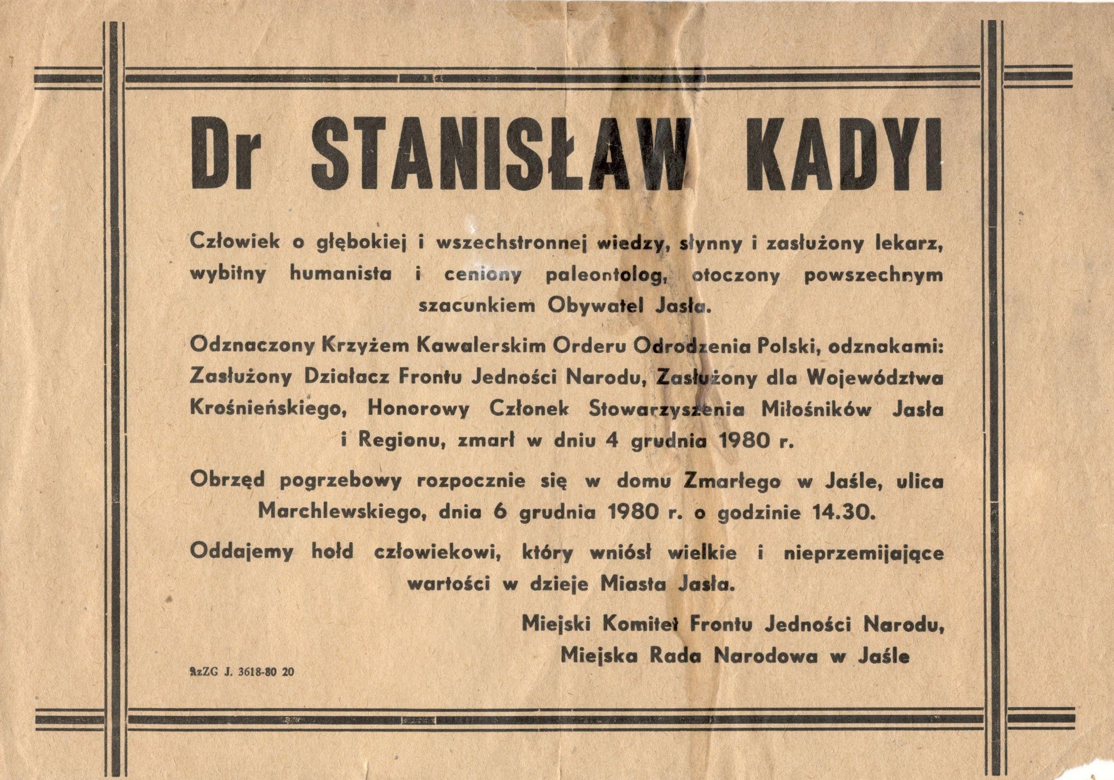 2157 ahsid – klepsydra informująca o śmierci stanisława kadyiego, 1980 r.