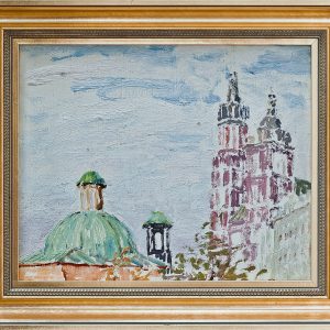 2158 ah autor ignacy pinkas, szkic wież na rynku w krakowie, 1934, olej dykta, 22x27, fot. msz