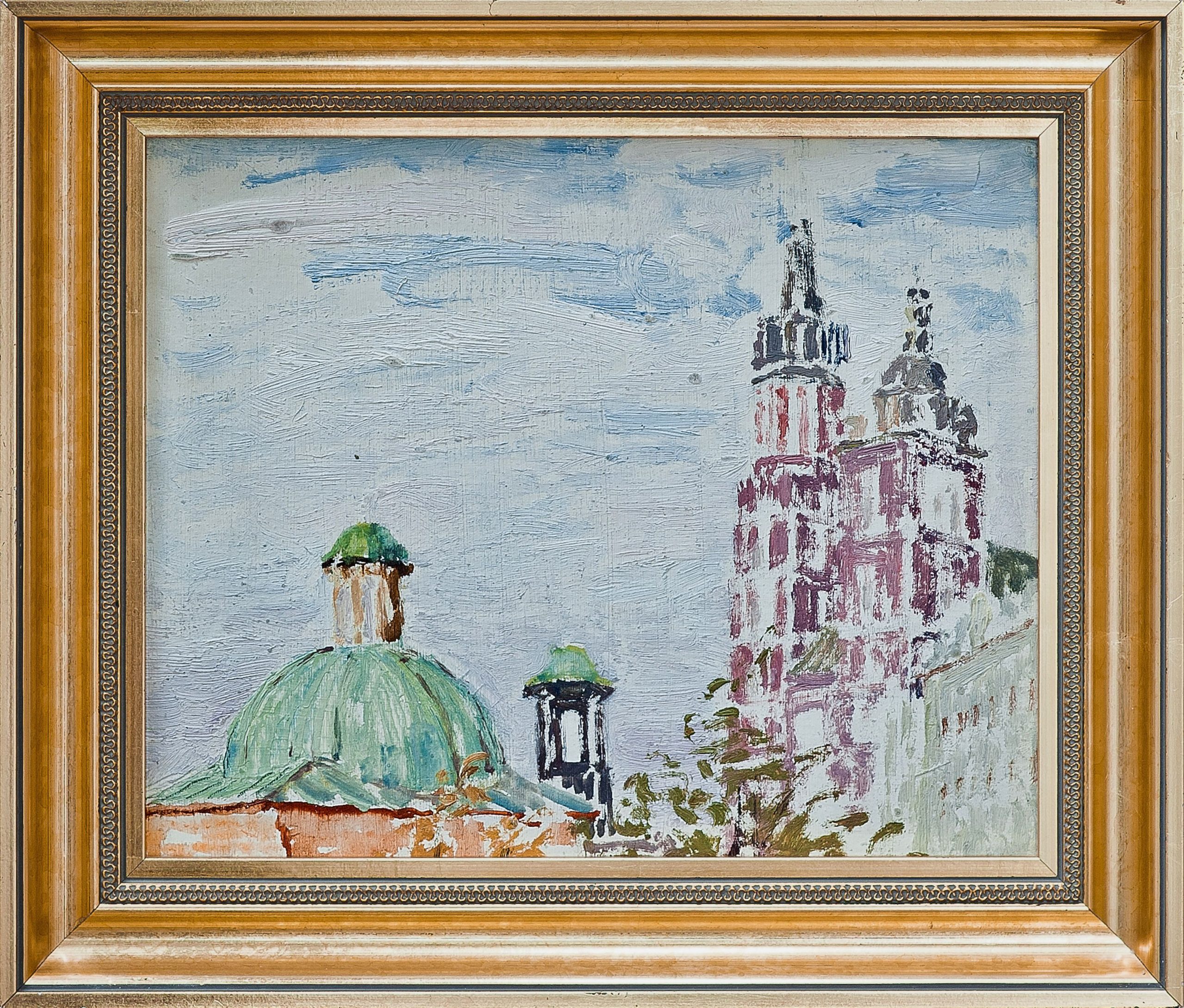 2158 ah autor ignacy pinkas, szkic wież na rynku w krakowie, 1934, olej dykta, 22x27, fot. msz