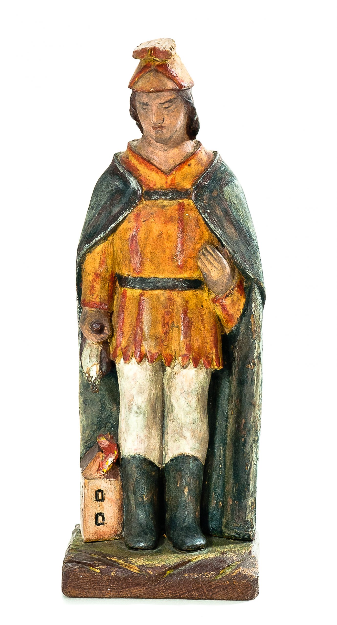 2165 etnografia - Św. florian, rzeźba drewniana, barwnie polichromowana, pochodzenie nieznane, wys. 24,7 cm, szer. 9 cm, gł. 7,3 cm