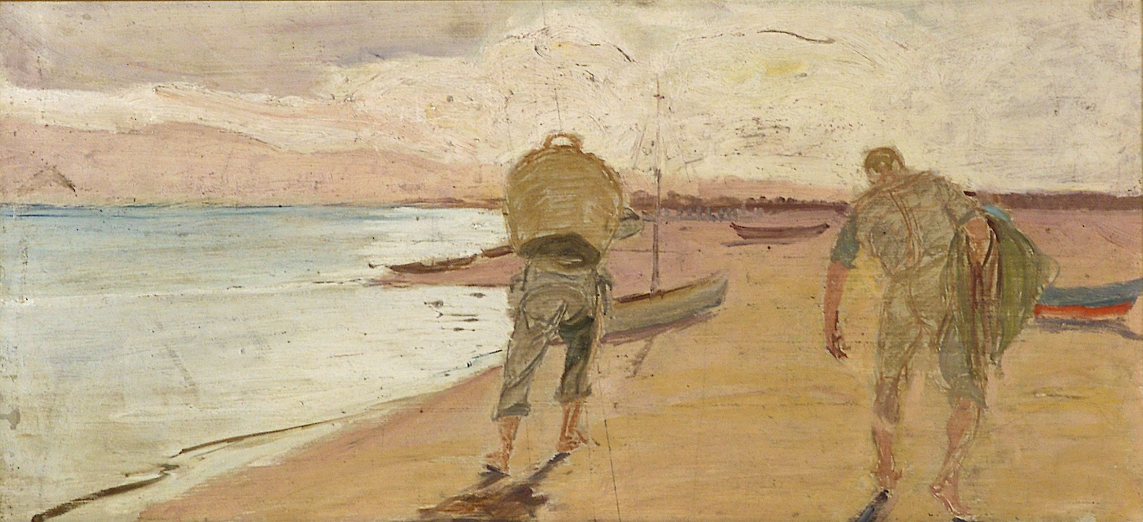 2334 AH autor Ignacy Pinkas, Rybacy niosący sieci, 1921, olej dykta, 31x67, fot