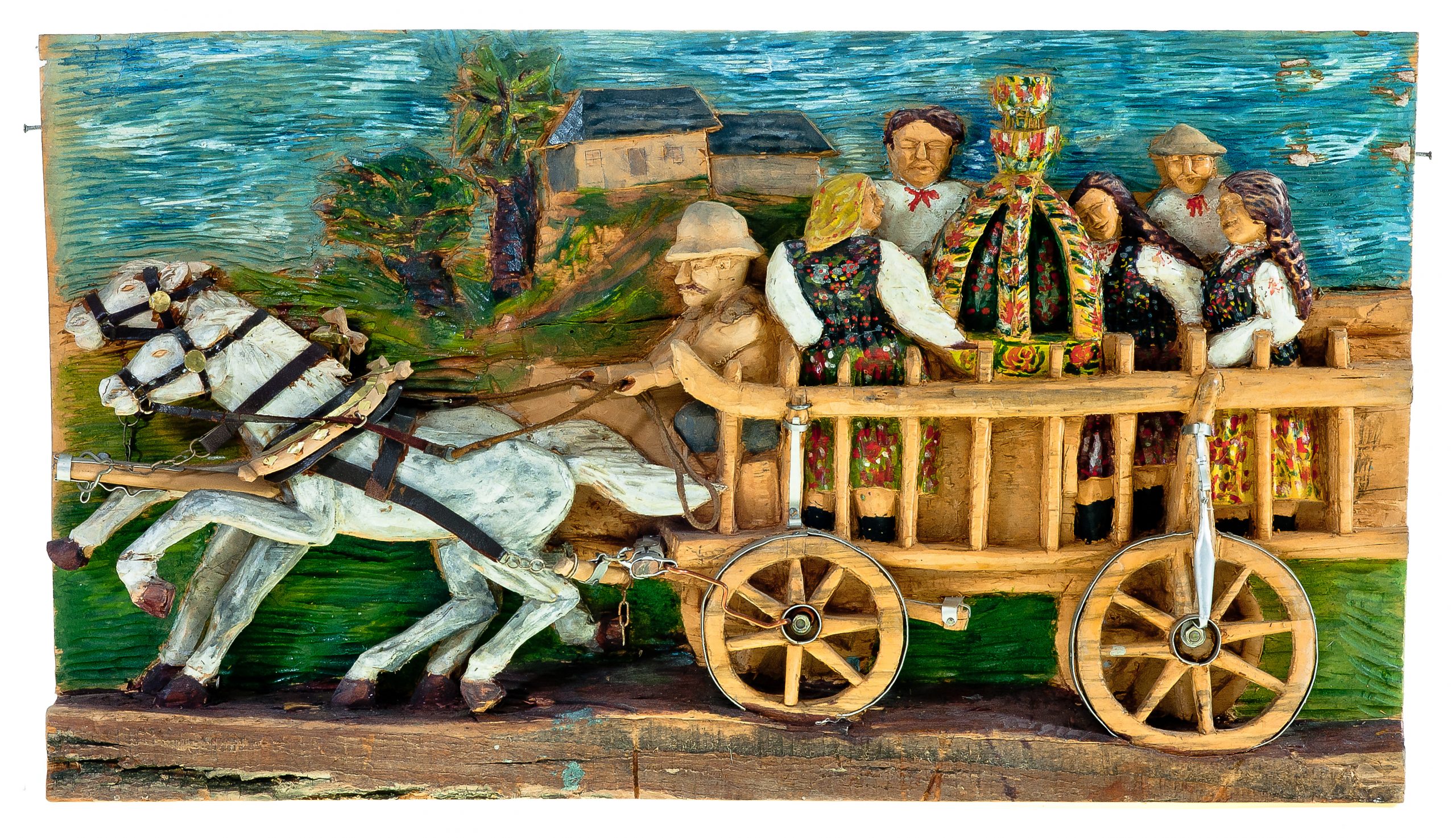 2339 etnografia - w drodze na dożynki, płaskorzeźba w drewnie, Żurawica, aleksander misiak, 1980 r., wys. 35,5 cm, szer. 63,5 cm, gł. 7,5 cm