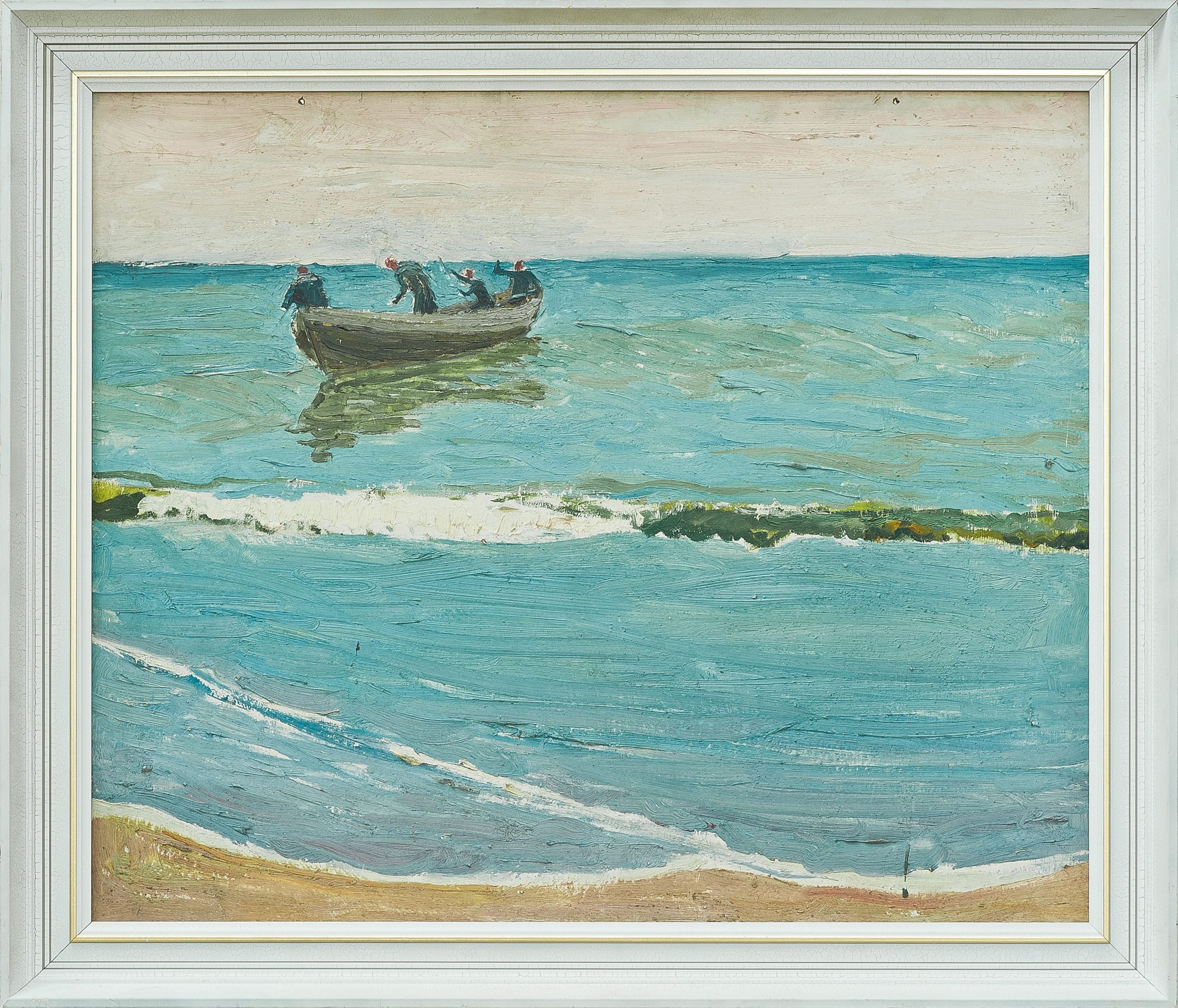 2341 AH autor Ignacy Pinkas, Rybacy na pełnym morzu, 1933, olej dykta, 60x50, fot. MSz